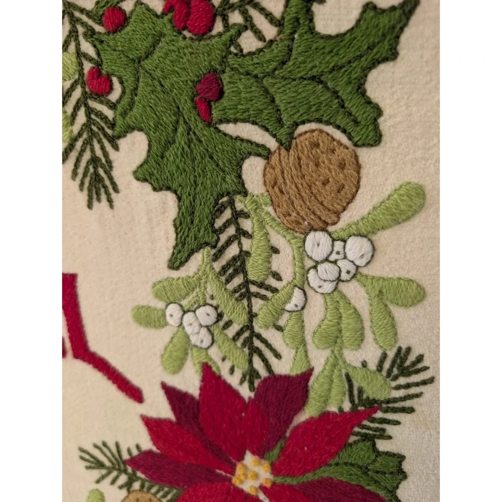 Vintage Christmas Wreath Noel Ribbon Crewel Gold Framed Artwork Holiday Decor